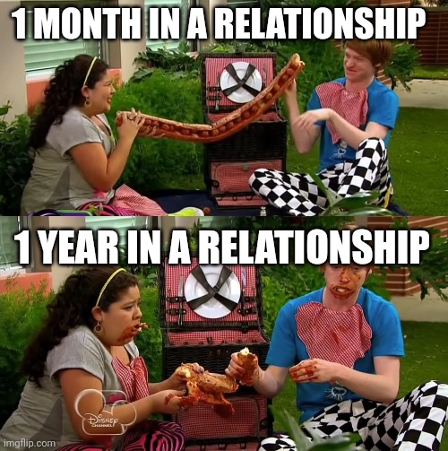 Relationships in a Nutshell | 1 MONTH IN A RELATIONSHIP; 1 YEAR IN A RELATIONSHIP | image tagged in relationships,love,austin and ally | made w/ Imgflip meme maker