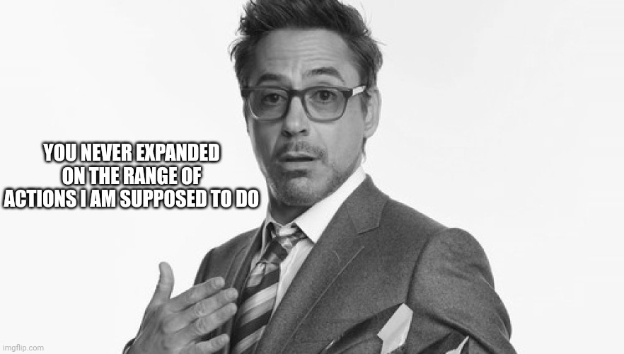 Robert Downey Jr's Comments | YOU NEVER EXPANDED ON THE RANGE OF ACTIONS I AM SUPPOSED TO DO | image tagged in robert downey jr's comments | made w/ Imgflip meme maker