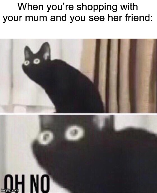 They always talk for like an hour | When you’re shopping with your mum and you see her friend: | image tagged in oh no cat,memes,funny,relatable,why must you hurt me in this way | made w/ Imgflip meme maker
