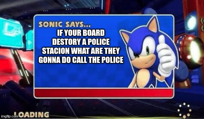 sonic WHY! | IF YOUR BOARD DESTORY A POLICE STACION WHAT ARE THEY GONNA DO CALL THE POLICE | image tagged in sonic says | made w/ Imgflip meme maker