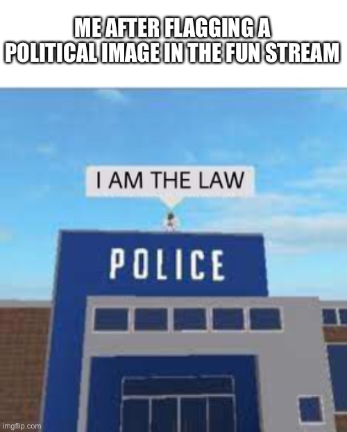 I AM THE LAW | ME AFTER FLAGGING A POLITICAL IMAGE IN THE FUN STREAM | image tagged in funny,meme,roblox | made w/ Imgflip meme maker