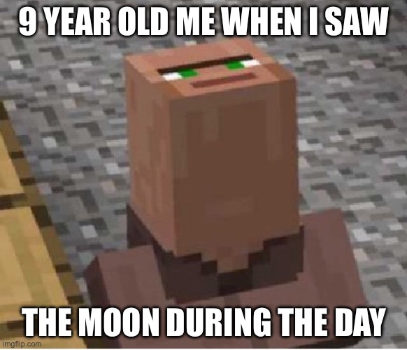 The moon be like | 9 YEAR OLD ME WHEN I SAW; THE MOON DURING THE DAY | image tagged in minecraft villager looking up | made w/ Imgflip meme maker