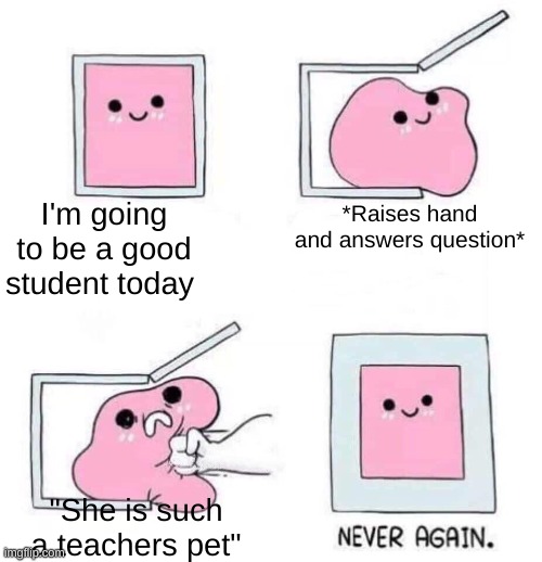 :( | I'm going to be a good student today; *Raises hand and answers question*; "She is such a teachers pet" | image tagged in never again,lol,memes,relatable | made w/ Imgflip meme maker