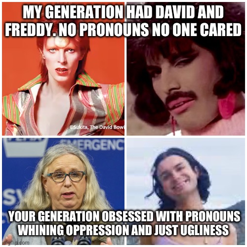 Your Generation of whiners | MY GENERATION HAD DAVID AND FREDDY. NO PRONOUNS NO ONE CARED; YOUR GENERATION OBSESSED WITH PRONOUNS WHINING OPPRESSION AND JUST UGLINESS | image tagged in my generation,memes,funny,gifs,transgender | made w/ Imgflip meme maker