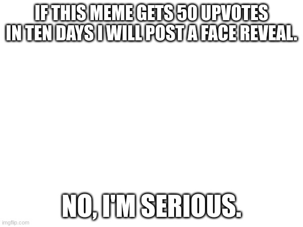 I'm actually serious. Ong. | IF THIS MEME GETS 50 UPVOTES IN TEN DAYS I WILL POST A FACE REVEAL. NO, I'M SERIOUS. | image tagged in ong,face reveal | made w/ Imgflip meme maker