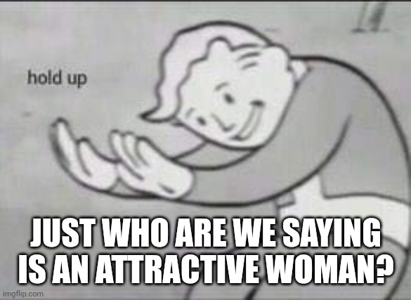 Fallout Hold Up | JUST WHO ARE WE SAYING IS AN ATTRACTIVE WOMAN? | image tagged in fallout hold up | made w/ Imgflip meme maker