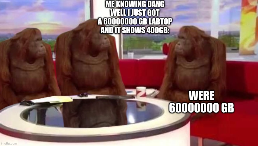 where monkey | ME KNOWING DANG WELL I JUST GOT A 60000000 GB LABTOP AND IT SHOWS 400GB:; WERE 60000000 GB | image tagged in where monkey | made w/ Imgflip meme maker