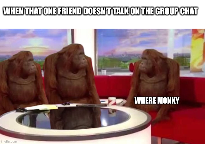 monky | WHEN THAT ONE FRIEND DOESN'T TALK ON THE GROUP CHAT; WHERE MONKY | image tagged in where monkey | made w/ Imgflip meme maker