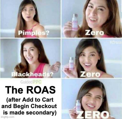 The ROAS is Zero | The ROAS; (after Add to Cart and Begin Checkout 
is made secondary) | image tagged in pimples zero,google ads,digital,memes,funny memes | made w/ Imgflip meme maker