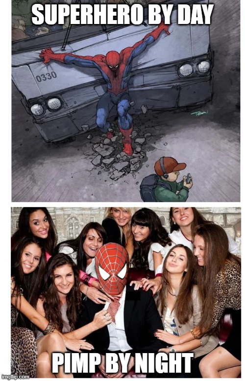 Your Friendy Neighborhood Spiderman | SUPERHERO BY DAY; PIMP BY NIGHT | image tagged in spiderman | made w/ Imgflip meme maker
