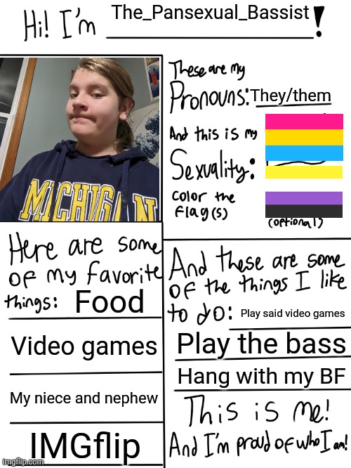 I'm on mobile and drawing sucks on mobile so I just added pics of my flags (nb and pansexual) | The_Pansexual_Bassist; They/them; Food; Play said video games; Video games; Play the bass; Hang with my BF; My niece and nephew; IMGflip | image tagged in lgbtq stream account profile | made w/ Imgflip meme maker