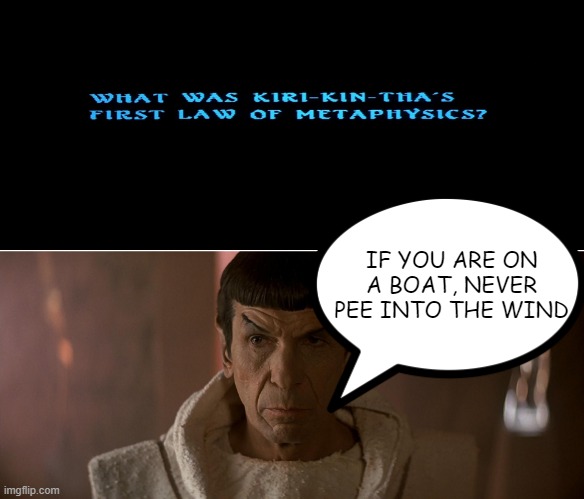 Some Wise Metaphysics There | IF YOU ARE ON A BOAT, NEVER PEE INTO THE WIND | image tagged in spock,logic | made w/ Imgflip meme maker