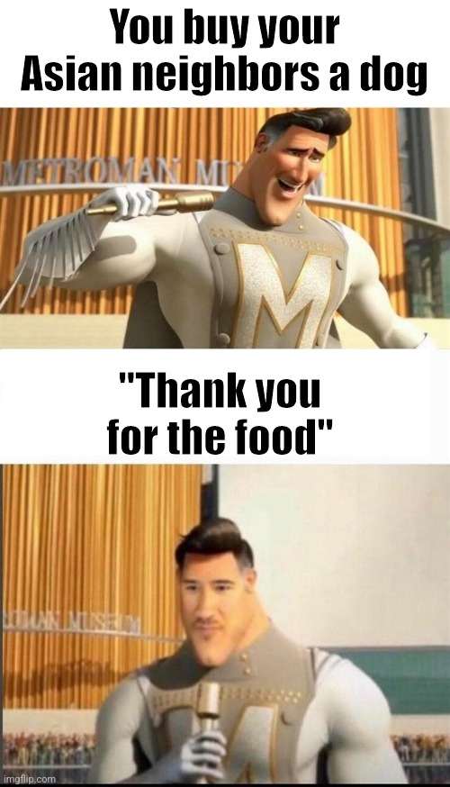 Markiplier MetroMan Reaction Meme | You buy your Asian neighbors a dog; "Thank you for the food" | image tagged in markiplier metroman reaction meme,memes,funny | made w/ Imgflip meme maker