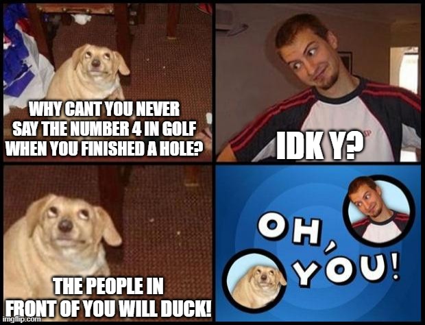 get it? | WHY CANT YOU NEVER SAY THE NUMBER 4 IN GOLF WHEN YOU FINISHED A HOLE? IDK Y? THE PEOPLE IN FRONT OF YOU WILL DUCK! | image tagged in oh you | made w/ Imgflip meme maker