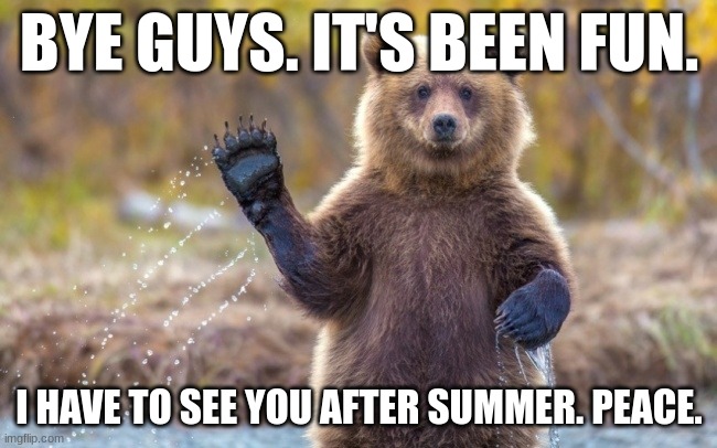 This is my last full week at school. After this week, we won't have computers anymore. So I won't be able to make memes for a  | BYE GUYS. IT'S BEEN FUN. I HAVE TO SEE YOU AFTER SUMMER. PEACE. | image tagged in bye bye bear | made w/ Imgflip meme maker