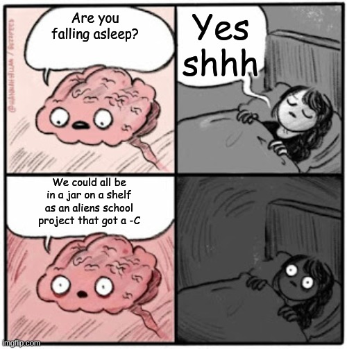 Brain Before Sleep | Yes shhh; Are you falling asleep? We could all be in a jar on a shelf as an aliens school project that got a -C | image tagged in brain before sleep | made w/ Imgflip meme maker