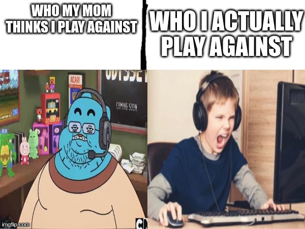 My mom thinks online people are always 40 year olds trying to find my location | WHO I ACTUALLY PLAY AGAINST; WHO MY MOM THINKS I PLAY AGAINST | image tagged in relatable | made w/ Imgflip meme maker