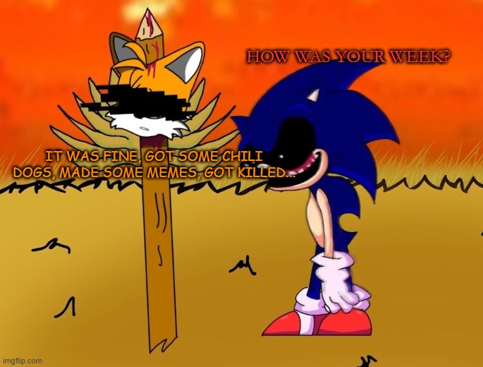 Me when Sonic.exe: | HOW WAS YOUR WEEK? IT WAS FINE, GOT SOME CHILI DOGS, MADE SOME MEMES, GOT KILLED... | image tagged in sonic exe looking at tails head | made w/ Imgflip meme maker