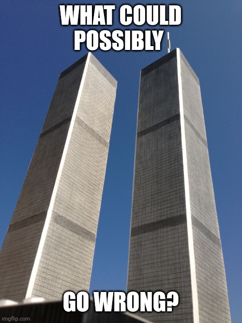 Twin Towers | WHAT COULD POSSIBLY GO WRONG? | image tagged in twin towers | made w/ Imgflip meme maker