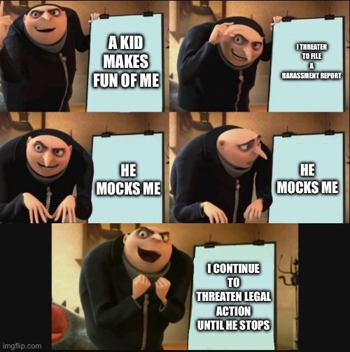 5 panel gru meme | A KID MAKES FUN OF ME; I THREATEN TO FILE A HARASSMENT REPORT; HE MOCKS ME; HE MOCKS ME; I CONTINUE TO THREATEN LEGAL ACTION UNTIL HE STOPS | image tagged in 5 panel gru meme | made w/ Imgflip meme maker