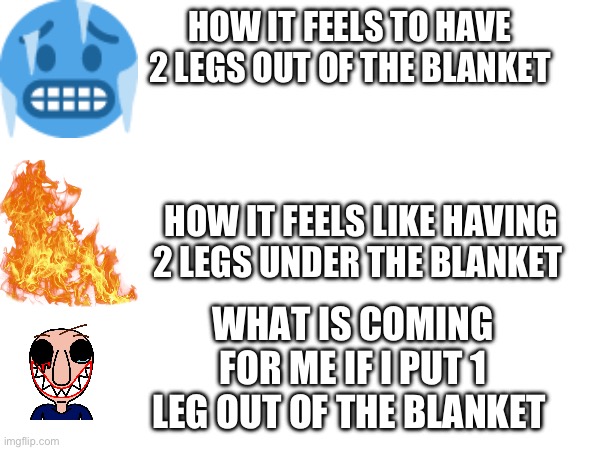 Easy solution: cut off your legs | HOW IT FEELS TO HAVE 2 LEGS OUT OF THE BLANKET; HOW IT FEELS LIKE HAVING 2 LEGS UNDER THE BLANKET; WHAT IS COMING FOR ME IF I PUT 1 LEG OUT OF THE BLANKET | image tagged in why is the fbi here,why are you reading this,stop reading the tags,i have no idea what i am doing,why are you reading the tags | made w/ Imgflip meme maker