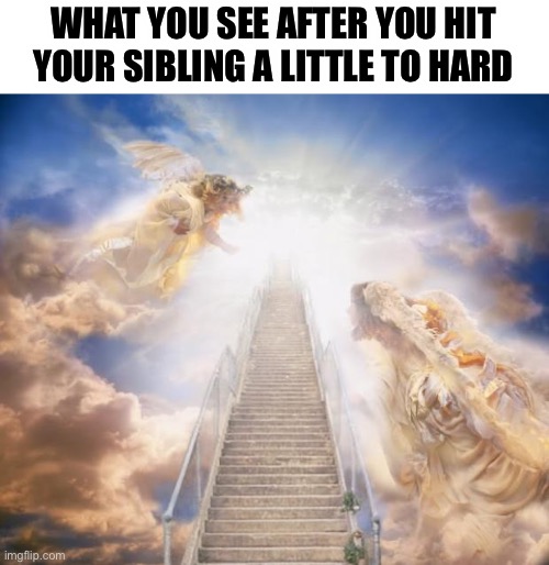 When you hit your sibling | WHAT YOU SEE AFTER YOU HIT YOUR SIBLING A LITTLE TO HARD | image tagged in stairs to heaven | made w/ Imgflip meme maker