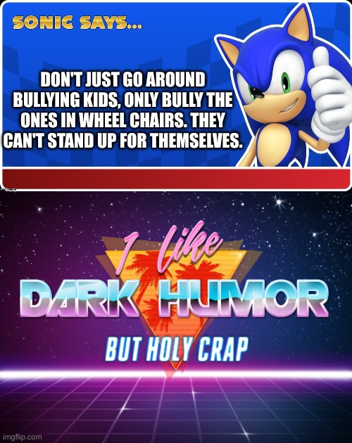 The darkest meme I have ever made | DON'T JUST GO AROUND BULLYING KIDS, ONLY BULLY THE ONES IN WHEEL CHAIRS. THEY CAN'T STAND UP FOR THEMSELVES. | image tagged in sonic says s asr,i like dark humor but holy crap | made w/ Imgflip meme maker