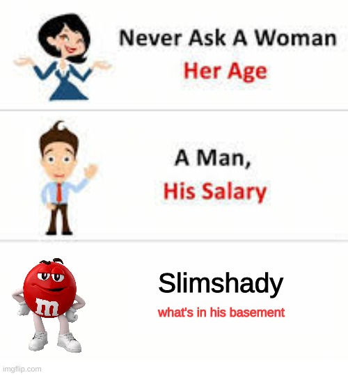 Never ask a woman her age | Slimshady; what's in his basement | image tagged in never ask a woman her age | made w/ Imgflip meme maker
