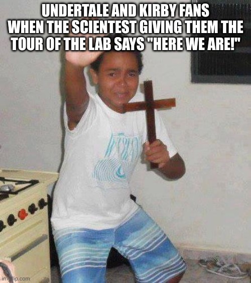 "Idf 86!" | UNDERTALE AND KIRBY FANS WHEN THE SCIENTEST GIVING THEM THE TOUR OF THE LAB SAYS "HERE WE ARE!" | image tagged in kid with cross,undertale,kirby | made w/ Imgflip meme maker