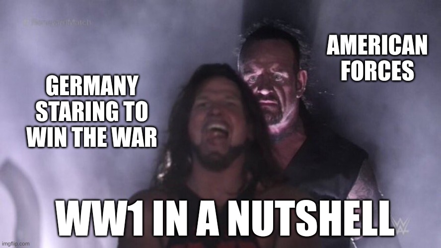 AJ Styles & Undertaker | AMERICAN FORCES; GERMANY STARING TO WIN THE WAR; WW1 IN A NUTSHELL | image tagged in aj styles undertaker | made w/ Imgflip meme maker