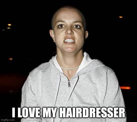 crazy bald britney spears | I LOVE MY HAIRDRESSER | image tagged in crazy bald britney spears | made w/ Imgflip meme maker