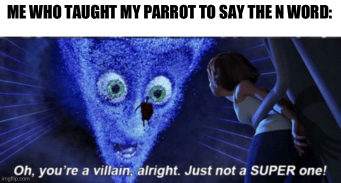 Megamind you’re a villain alright | ME WHO TAUGHT MY PARROT TO SAY THE N WORD: | image tagged in megamind you re a villain alright | made w/ Imgflip meme maker