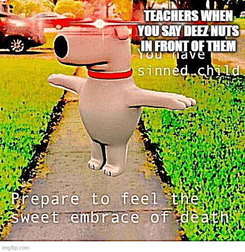 teachers | TEACHERS WHEN YOU SAY DEEZ NUTS IN FRONT OF THEM | image tagged in you have sinned child prepare to feel the sweet embrace of death | made w/ Imgflip meme maker