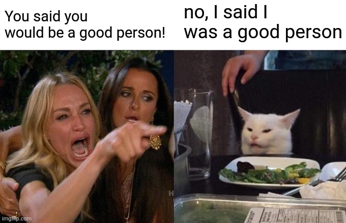 Woman Yelling At Cat Meme | no, I said I was a good person; You said you would be a good person! | image tagged in memes,woman yelling at cat | made w/ Imgflip meme maker