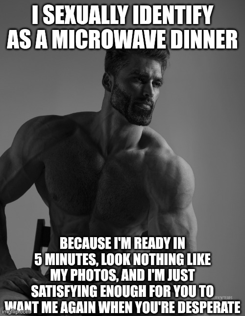 Giga Chad | I SEXUALLY IDENTIFY AS A MICROWAVE DINNER; BECAUSE I'M READY IN 5 MINUTES, LOOK NOTHING LIKE MY PHOTOS, AND I'M JUST SATISFYING ENOUGH FOR YOU TO WANT ME AGAIN WHEN YOU'RE DESPERATE | image tagged in giga chad | made w/ Imgflip meme maker