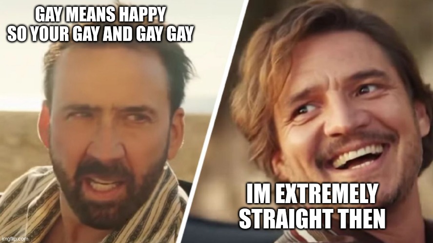 Nick Cage and Pedro pascal | GAY MEANS HAPPY SO YOUR GAY AND GAY GAY; IM EXTREMELY STRAIGHT THEN | image tagged in nick cage and pedro pascal | made w/ Imgflip meme maker