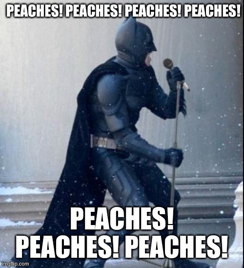 Batman singing peaches | PEACHES! PEACHES! PEACHES! PEACHES! PEACHES! PEACHES! PEACHES! | image tagged in singing batman | made w/ Imgflip meme maker