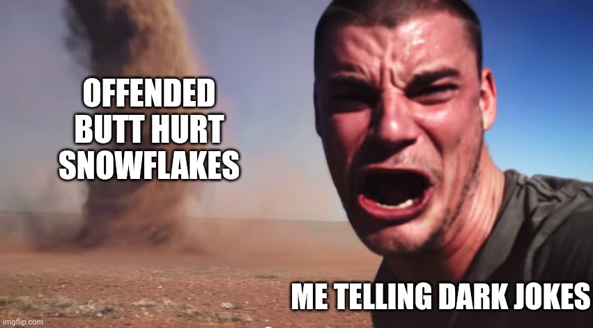 Here it comes | OFFENDED BUTT HURT SNOWFLAKES; ME TELLING DARK JOKES | image tagged in here it comes | made w/ Imgflip meme maker