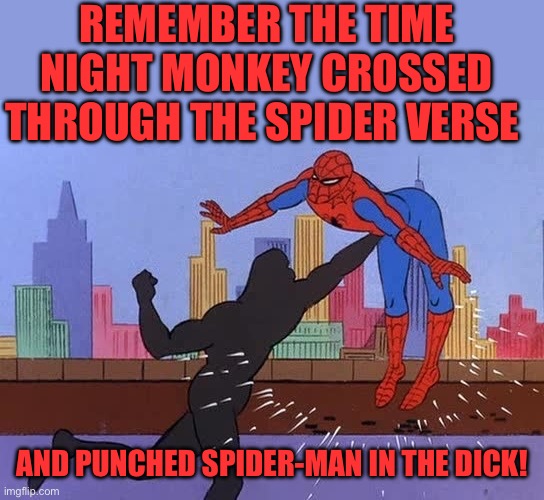 spider man golpe en el estomago | REMEMBER THE TIME NIGHT MONKEY CROSSED THROUGH THE SPIDER VERSE; AND PUNCHED SPIDER-MAN IN THE DICK! | image tagged in spider man golpe en el estomago | made w/ Imgflip meme maker