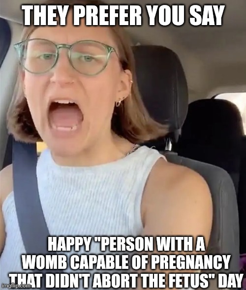 Unhinged Liberal Lunatic Idiot Woman Meltdown Screaming in Car | THEY PREFER YOU SAY HAPPY "PERSON WITH A WOMB CAPABLE OF PREGNANCY THAT DIDN'T ABORT THE FETUS" DAY | image tagged in unhinged liberal lunatic idiot woman meltdown screaming in car | made w/ Imgflip meme maker