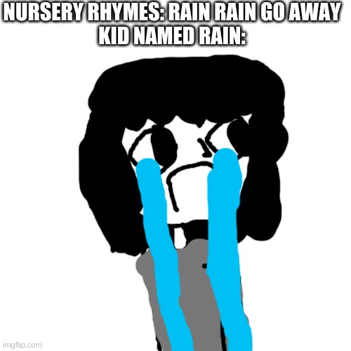 my name is rain bruh :( (ಥ_ʖಥ) | NURSERY RHYMES: RAIN RAIN GO AWAY
KID NAMED RAIN: | image tagged in nursery rhymes,sad,rain,pain,kid named,depression sadness hurt pain anxiety | made w/ Imgflip meme maker
