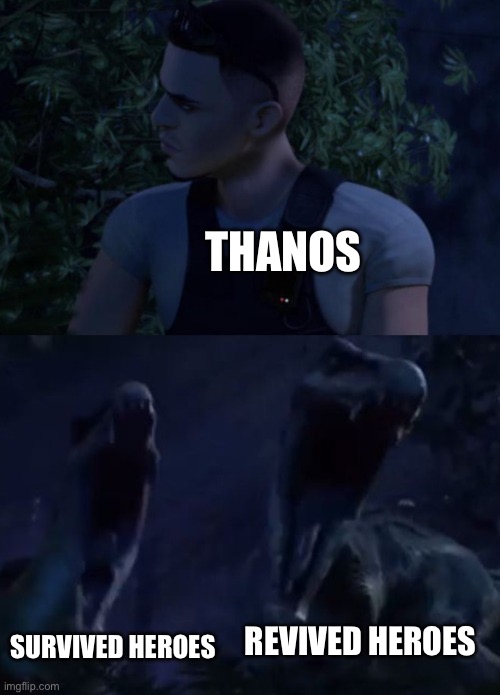 Dinosaurs the Avengers | THANOS; REVIVED HEROES; SURVIVED HEROES | image tagged in reed's death,avengers endgame,thanos,jurassic world,dinosaurs,superheroes | made w/ Imgflip meme maker