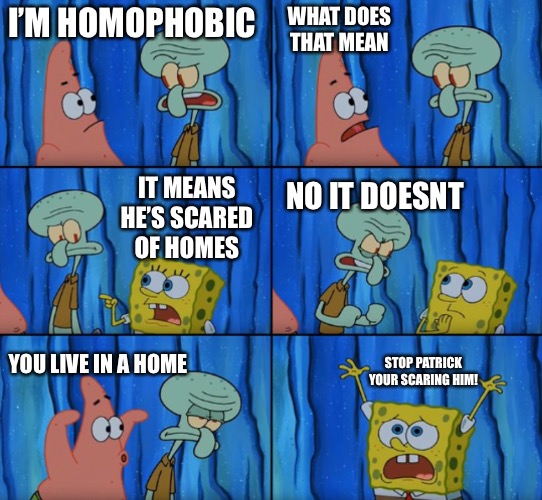 Stop it Patrick, you're scaring him! (Correct text boxes) | I’M HOMOPHOBIC; WHAT DOES THAT MEAN; IT MEANS HE’S SCARED OF HOMES; NO IT DOESNT; STOP PATRICK YOUR SCARING HIM! YOU LIVE IN A HOME | image tagged in stop it patrick you're scaring him correct text boxes | made w/ Imgflip meme maker