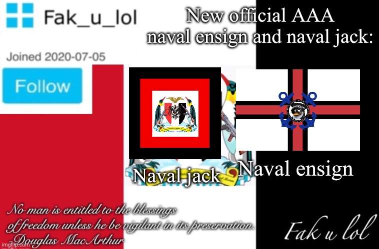 AAA naval flags | New official AAA naval ensign and naval jack:; Naval ensign; Naval jack | image tagged in fak_u_lol aaa announcement template | made w/ Imgflip meme maker