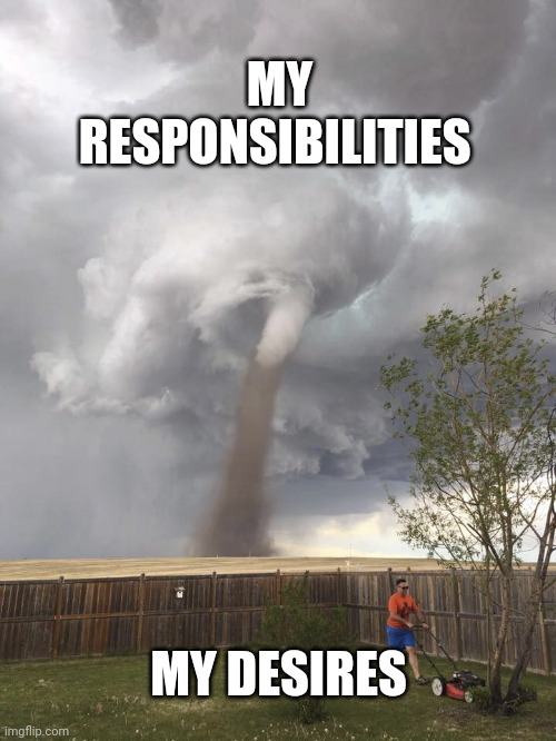 Desires vs responsibilities | MY RESPONSIBILITIES; MY DESIRES | image tagged in tornado lawn mowing man,desires,responsibilities | made w/ Imgflip meme maker