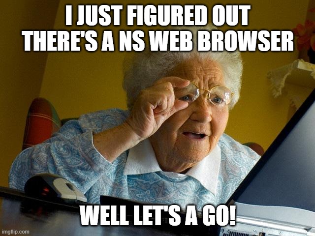 Grandma Finds The Internet Meme | I JUST FIGURED OUT THERE'S A NS WEB BROWSER; WELL LET'S A GO! | image tagged in memes,grandma finds the internet | made w/ Imgflip meme maker