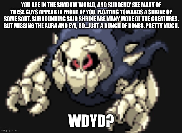 YOU ARE IN THE SHADOW WORLD, AND SUDDENLY SEE MANY OF THESE GUYS APPEAR IN FRONT OF YOU, FLOATING TOWARDS A SHRINE OF SOME SORT. SURROUNDING SAID SHRINE ARE MANY MORE OF THE CREATURES, BUT MISSING THE AURA AND EYE, SO...JUST A BUNCH OF BONES, PRETTY MUCH. WDYD? | made w/ Imgflip meme maker