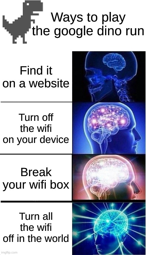 Dino Runnnn | Ways to play the google dino run; Find it on a website; Turn off the wifi on your device; Break your wifi box; Turn all the wifi off in the world | image tagged in memes,expanding brain | made w/ Imgflip meme maker