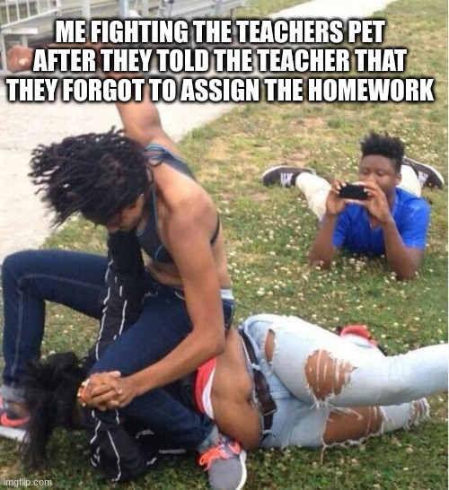 Guy recording a fight | ME FIGHTING THE TEACHERS PET AFTER THEY TOLD THE TEACHER THAT THEY FORGOT TO ASSIGN THE HOMEWORK | image tagged in guy recording a fight | made w/ Imgflip meme maker