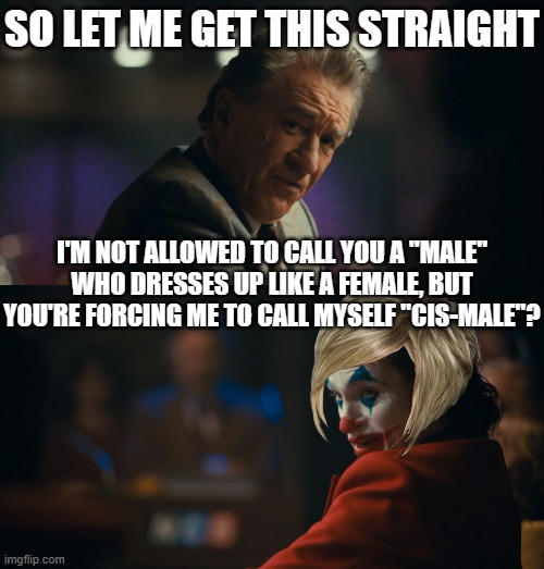 Let me get this straight murray | SO LET ME GET THIS STRAIGHT; I'M NOT ALLOWED TO CALL YOU A "MALE" WHO DRESSES UP LIKE A FEMALE, BUT YOU'RE FORCING ME TO CALL MYSELF "CIS-MALE"? | image tagged in let me get this straight murray | made w/ Imgflip meme maker